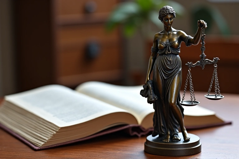 Deutsches Gesetzesbuch und eine Justitia-Statue