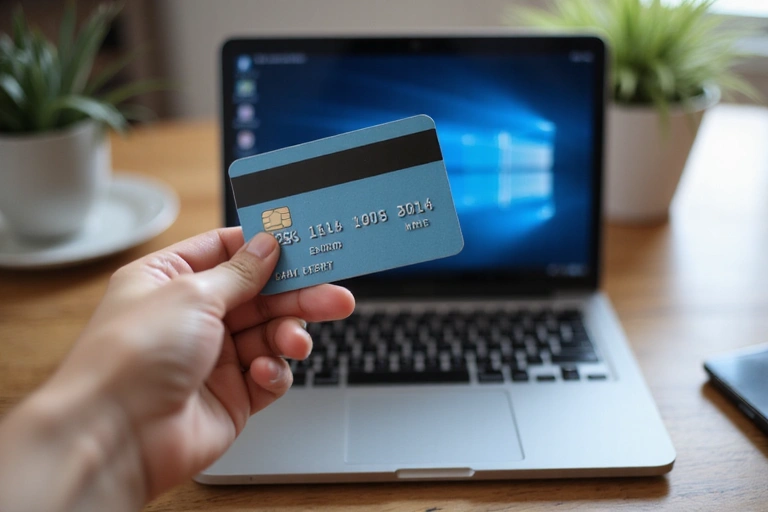 Hand hält eine Kreditkarte vor einem Laptop, symbolisiert Online-Zahlung